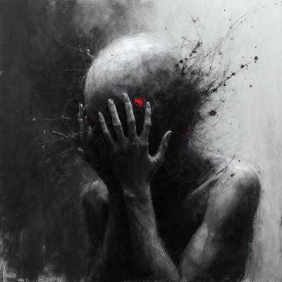 The primary subject of the image is a drawing or painting of a person with a head, hands, and a red eye. The setting is a black and white background, which adds to the overall mood of the image. The visual style is a combination of digital art and illustration, creating a unique and intriguing piece of art. The colors and mood are predominantly dark and mysterious, with the red eye adding a touch of intensity to the scene.